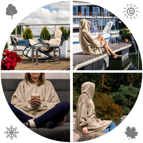Beżowa bluza koc oversize 2w1 – ciepła i miękka narzutka idealna do relaksu w domu, na tarasie i w podróży przez cały rok