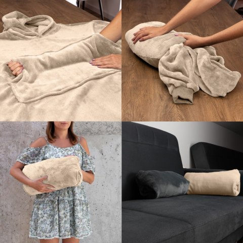 Beżowa bluza koc 2w1 – ciepła bluza oversize, którą w kilka sekund złożysz w miękką poduszkę, idealna do domu i podróży