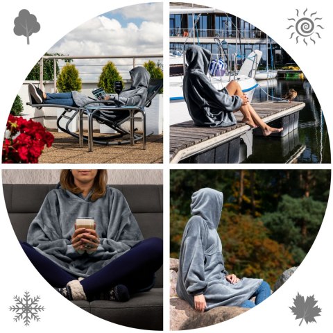 Szara bluza koc oversize Super Mama – ciepła i miękka narzutka 2w1 idealna do relaksu w domu, na tarasie i w podróży
