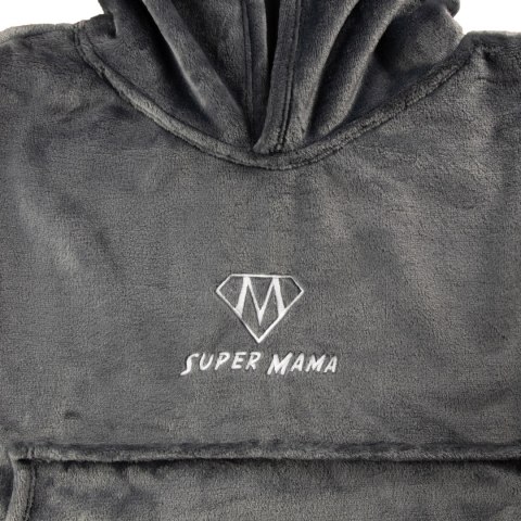 Szara bluza koc Super Mama z haftem – miękka i ciepła bluza oversize z kapturem, idealny prezent dla wyjątkowej mamy