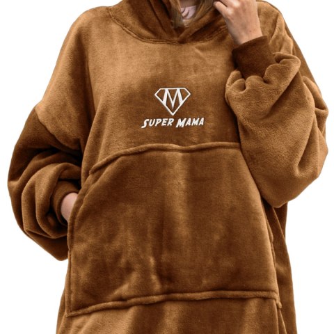 Brązowa bluza koc damska SUPER MAMA oversize z kapturem – miękka i ciepła bluza domowa na prezent dla mamy