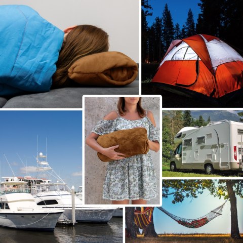 Brązowa bluza koc 2w1 z poduszką – miękka i ciepła bluza oversize idealna w podróży, na camping, jacht i do relaksu w domu