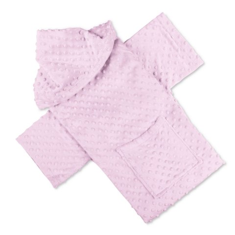 Różowa bluza-kocyk dziecięca z kapturem i dużą kieszenią, wykonana z miękkiego materiału minky w wypustki