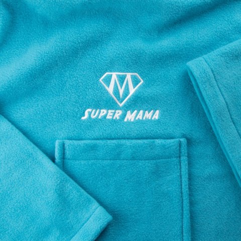 Turkusowa bluza koc Super Mama z haftem – miękka i ciepła bluza oversize z praktyczną kieszenią, idealny prezent dla mamy