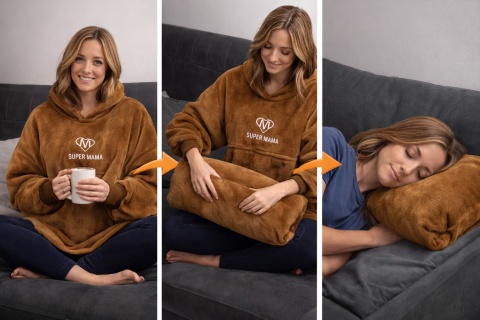 Brązowa bluza koc SUPER MAMA 2w1 – oversize bluza damska składana w poduszkę, ciepła i miękka idealna na prezent