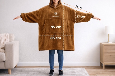 Brązowa bluza koc SUPER MAMA oversize – wymiary 95 cm długość, 85 cm szerokość, rękaw 76 cm, ciepła bluza damska