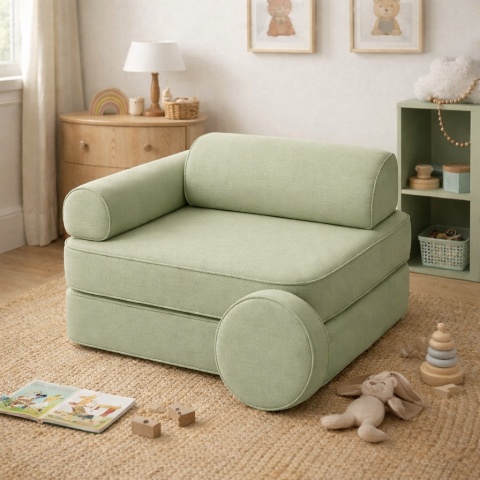 Modułowa sofa piankowa dla dzieci w zielonym kolorze w pokoju dziecięcym