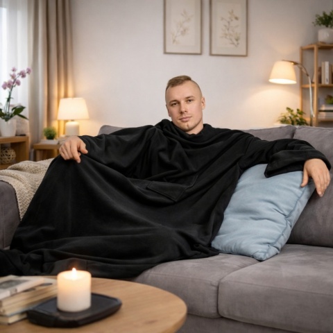 Mężczyzna w czarnej bluzie koc z rękawami – ciepły koc oversize 145x205 cm z polaru, idealny na chłodne wieczory i na prezent