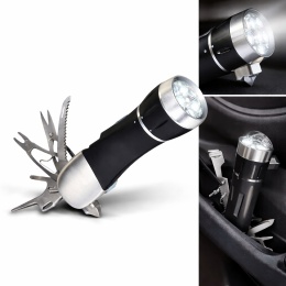 Wielofunkcyjna latarka LED z multitool – narzędzie survivalowe z nożem i śrubokrętem