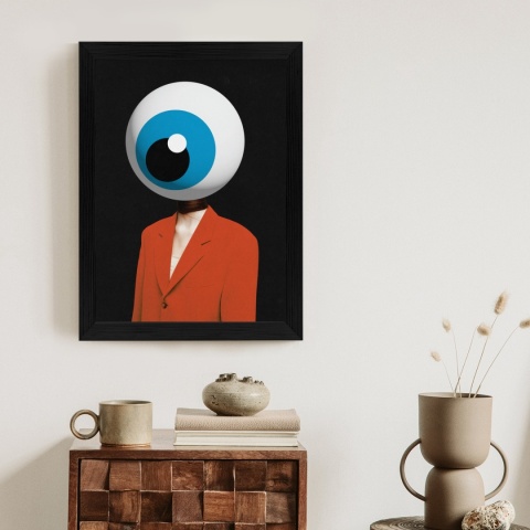 Nowoczesny plakat surrealistyczny z motywem oka w czarnej ramie – designerska dekoracja ścienna do salonu lub biura