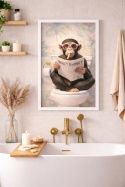 Humorystyczny plakat z małpą czytającą gazetę w łazience, idealny jako oryginalna dekoracja ścienna