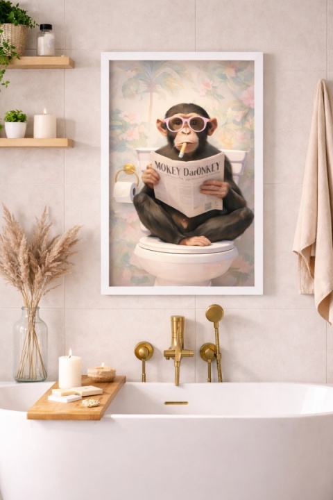 Humorystyczny plakat z małpą czytającą gazetę w łazience, idealny jako oryginalna dekoracja ścienna