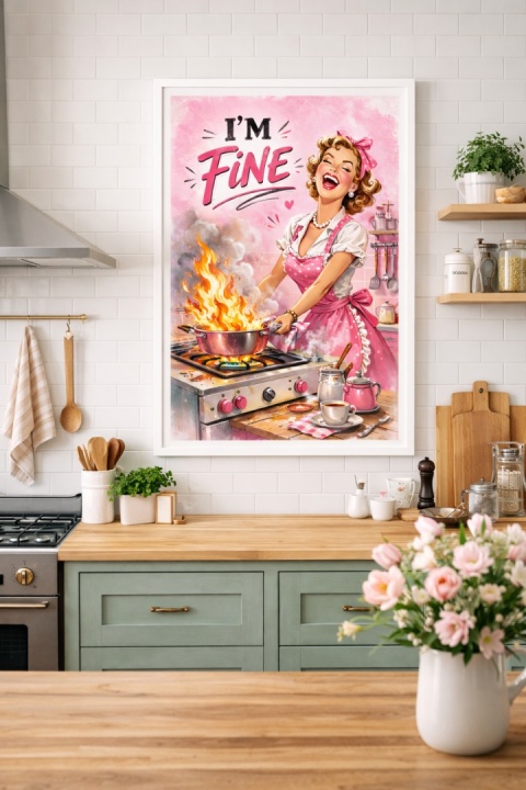 Plakat I’m Fine w białej ramie w nowoczesnej kuchni w stylu retro.