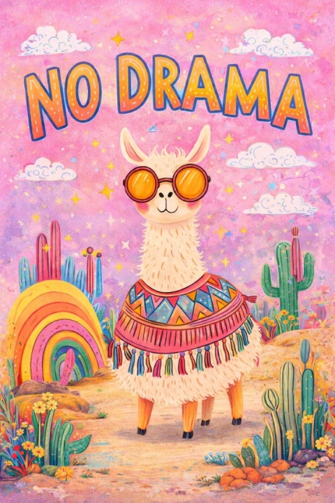 Kolorowy plakat lama z napisem „No Drama” na różowym tle z tęczą i kaktusami