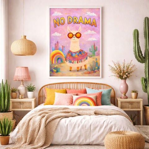 Plakat lama No Drama w białej ramie w aranżacji sypialni boho