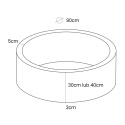 Wymiary suchego basenu dla dziecka – średnica 90 cm, wysokość 30 cm lub 40 cm, grubość ścianki 5 cm i dna 2 cm