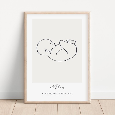 Plakat z metryczką dziecka line art z imieniem Milan