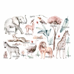 Naklejki ścienne safari  - akwarelowe zwierzęta dżungli na ścianie: słoń, żyrafa, lew, zebra