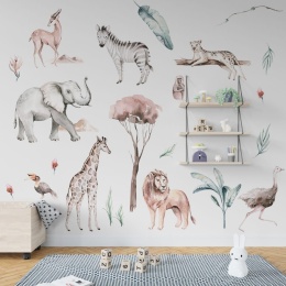 Naklejki ścienne safari dla dzieci - zestaw zwierząt akwarelowych z wymiarami: słoń, żyrafa, lew, zebra i rośliny