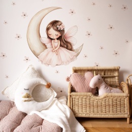 Naklejka na ścianę wróżka na księżycu w pokoju dziewczynki, pastelowa dekoracja z kwiatkami w stylu boho