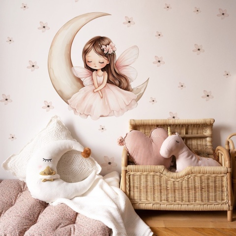 Naklejka na ścianę wróżka na księżycu w pokoju dziewczynki, pastelowa dekoracja z kwiatkami w stylu boho