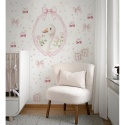 „Naklejki ścienne gąska w ramce z kokardami i wiśniami w pokoju dziecka, pastelowa aranżacja boho