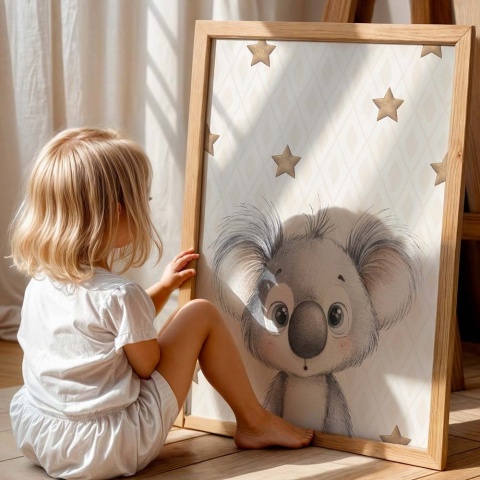 Plakat dla dzieci z uroczą małą koalą w drewnianej ramie, dekoracja ścienna do pokoju dziewczynki lub chłopca