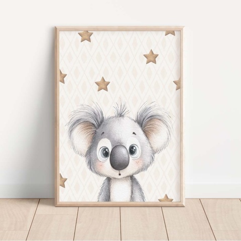 Plakat dziecięcy koala - dekoracja ścienna do pokoju dziecka, plakat dla dziewczynki i chłopca, styl skandynawski, gwiazdki