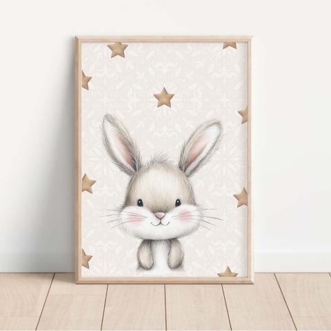 Plakat króliczek dla dzieci z gwiazdkami, delikatna ilustracja w pastelowych kolorach do pokoju niemowlaka lub dziecka