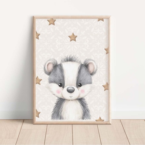 Plakat borsuk dla dzieci z gwiazdkami, ilustracja w beżowych kolorach do pokoju niemowlaka lub dziecka