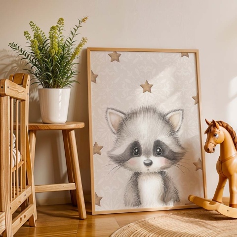 Plakat z uroczym szopem w pokoju dziecięcym, dekoracja ścienna w stylu skandynawskim z naturalnymi dodatkami