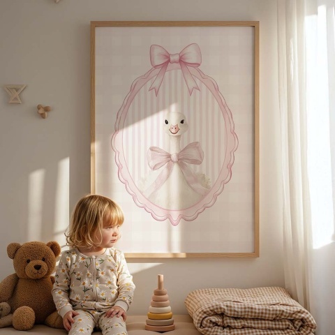 Plakat dla dzieci gąska w stylu vintage z różową kokardą, dekoracja ścienna do pokoju dziecka