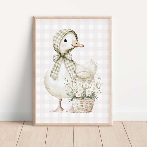 Akwarelowa ilustracja gąski w czepku z koszykiem kwiatów, plakat do pokoju dziecięcego w pastelowych kolorach
