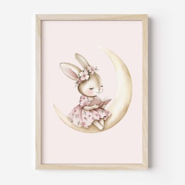 plakat króliczek na księżycu pastelowy dla dziewczynki obrazek do pokoju dziecka