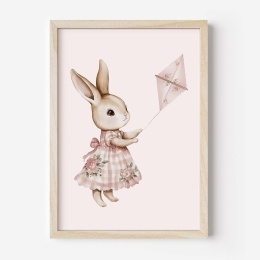 plakat pastelowy króliczek z latawcem dla dziewczynki dekoracja do pokoju dziecka