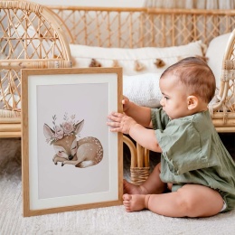 plakat dla dziewczynki sarenka śpiąca ilustracja boho do pokoju dziecka pastelowa