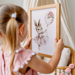 plakat króliczek z balonem dekoracja ścienna pastelowa do pokoju dziewczynki styl boho