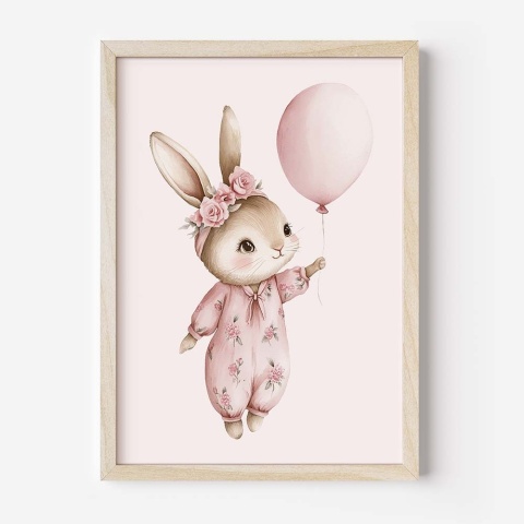 plakat pastelowy króliczek z balonem dla dziewczynki dekoracja do pokoju dziecka
