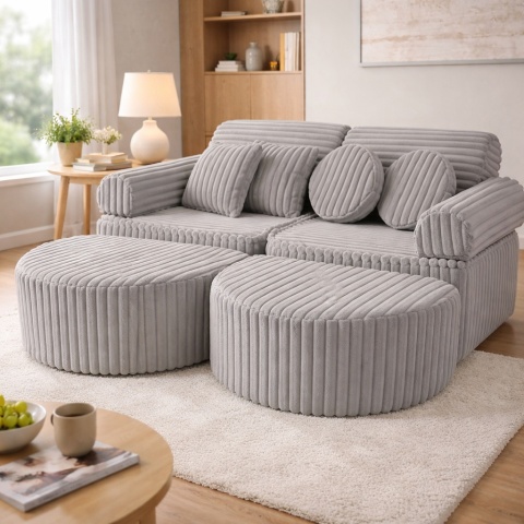 Sztruksowa sofa modułowa Churros z pufami w nowoczesnym salonie