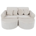 Modułowa sofa sztruksowa Churros ecru z pufami i poduszkami