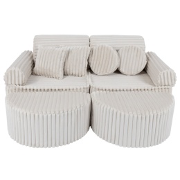 Modułowa sofa sztruksowa Churros ecru z pufami i poduszkami