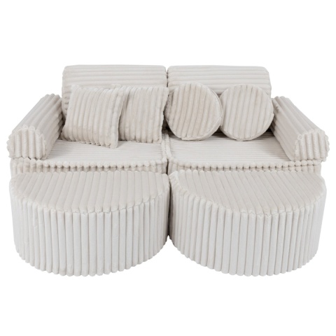 Modułowa sofa sztruksowa Churros ecru z pufami i poduszkami