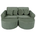 Zielona sofa modułowa sztruksowa Churros z pufami i poduszkami