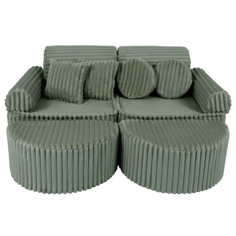 Zielona sofa modułowa sztruksowa Churros z pufami i poduszkami