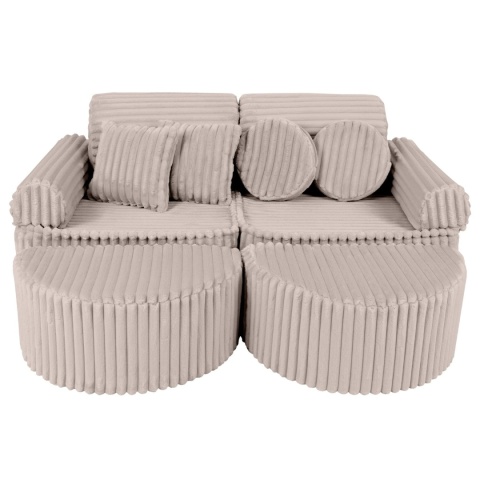 Beżowa sofa modułowa Churros ze sztruksu z pufami i poduszkami