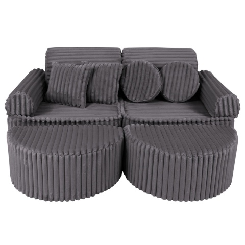 Szara sofa modułowa sztruksowa Churros z pufami