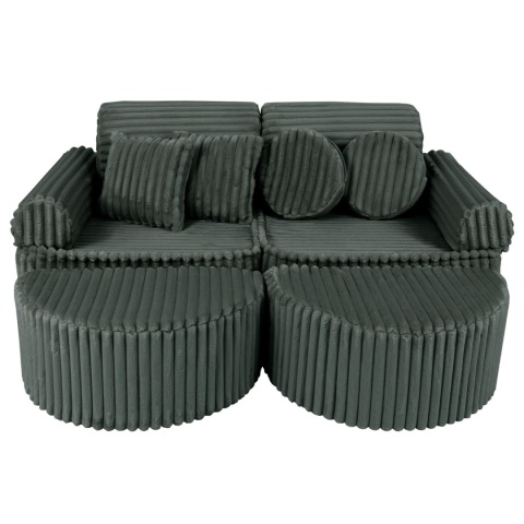Oliwkowa sofa modułowa Churros ze sztruksu z pufami
