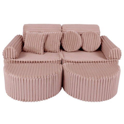 Różowa sofa modułowa sztruksowa Churros z pufami i poduszkami