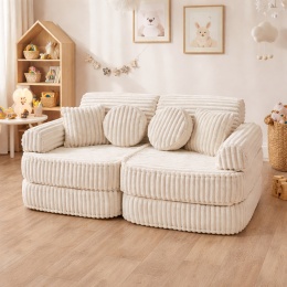 Modułowa sofa dziecięca Churros z prążkowanego sztruksu w kolorze kremowym w pokoju dziecięcym