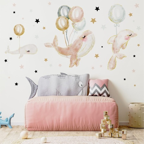naklejka ścienna dla dzieci wieloryby delfiny balony gwiazdki pastelowa ocean